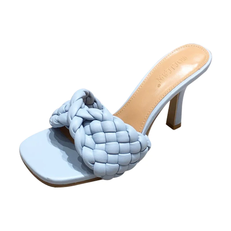 

New Designer Handmade Woven Braid Trendy Mules Shoes Heels for Ladies 2021, Orange, white, nude, black, light blue