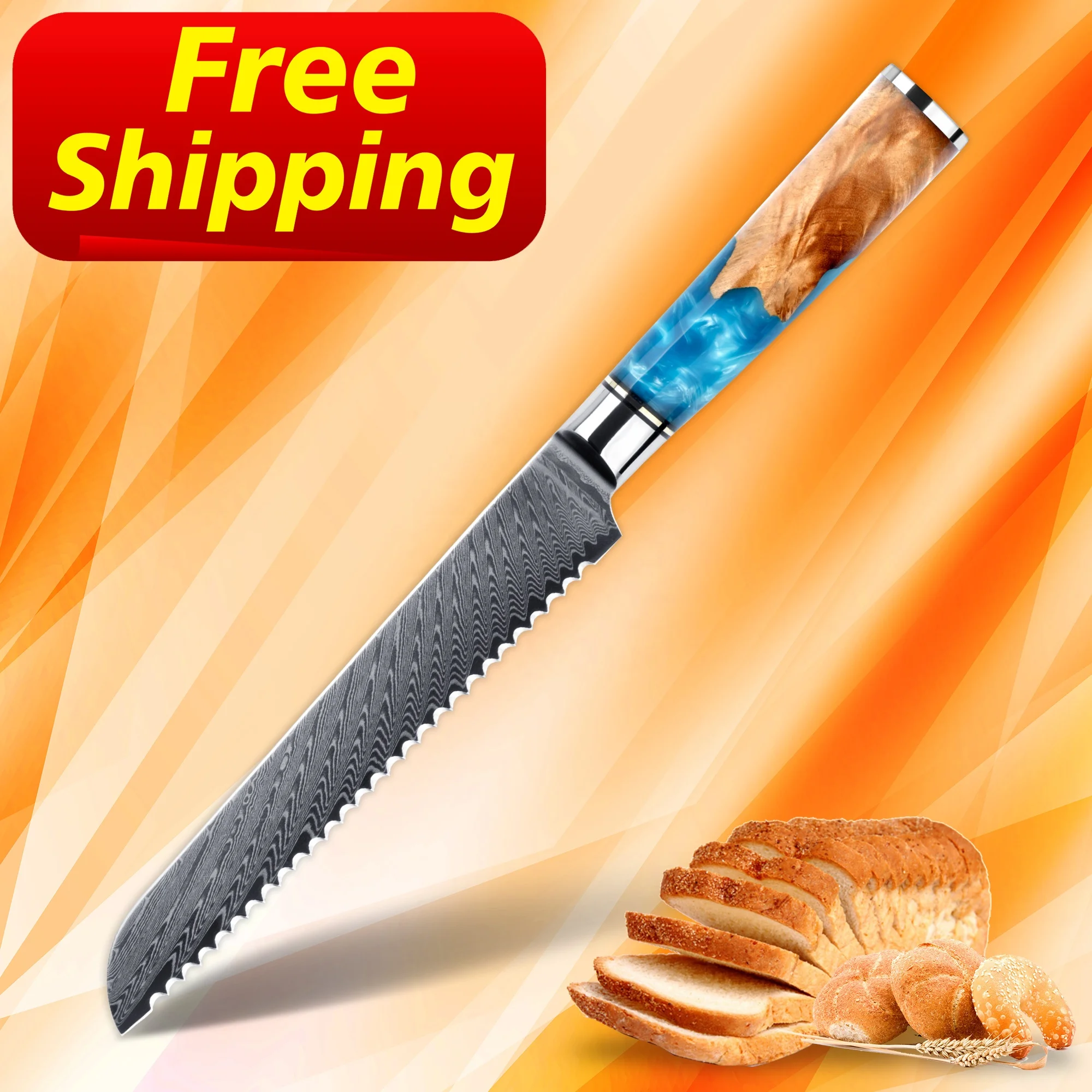 

Free Shipping orders over 100 pcs 8 inch 67layers japanese knives vg10 damascus bread knife for amazon top seller, Customized color