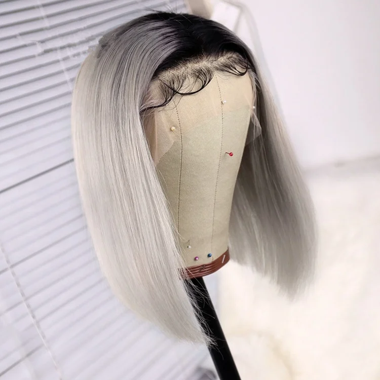 

Glueless Straight Cut Short Bob Ombre #60 Platinum Blond Color Virgin Human Hair Lace Front Wig With Baby Hair