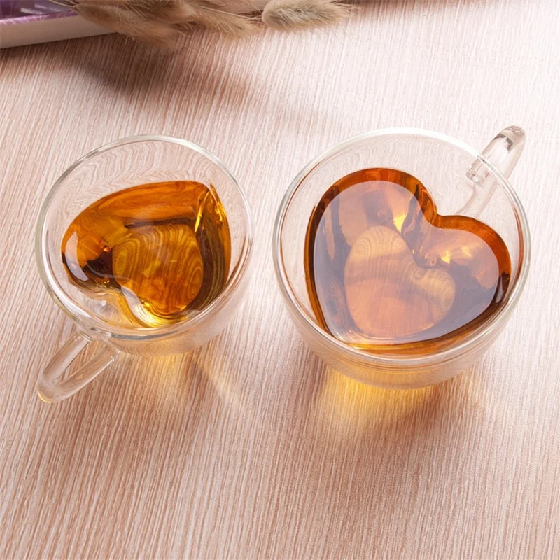 

Heart Love Shaped Double Wall Glass Mug Resistant Kungfu Tea Mug Milk Lemon Juice Cup Drinkware Lover Coffee Cups Mug Gift, Glass color