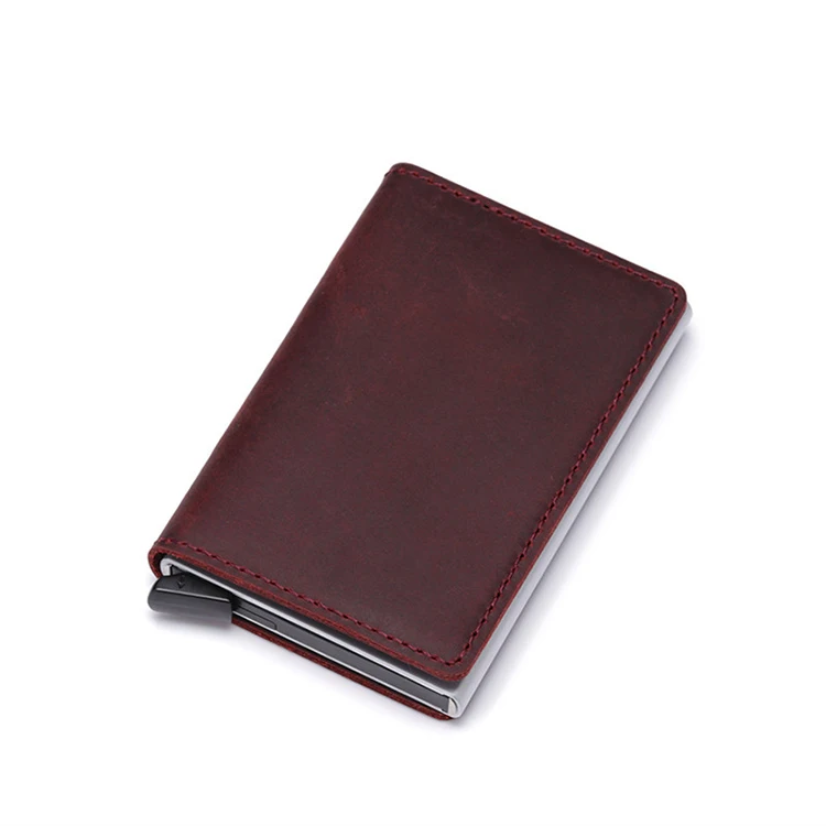 

Men's Automatic Credit Card Holder RFID Blocking Genuine Leather Vintage Pop Up Aluminum Business Wallet
