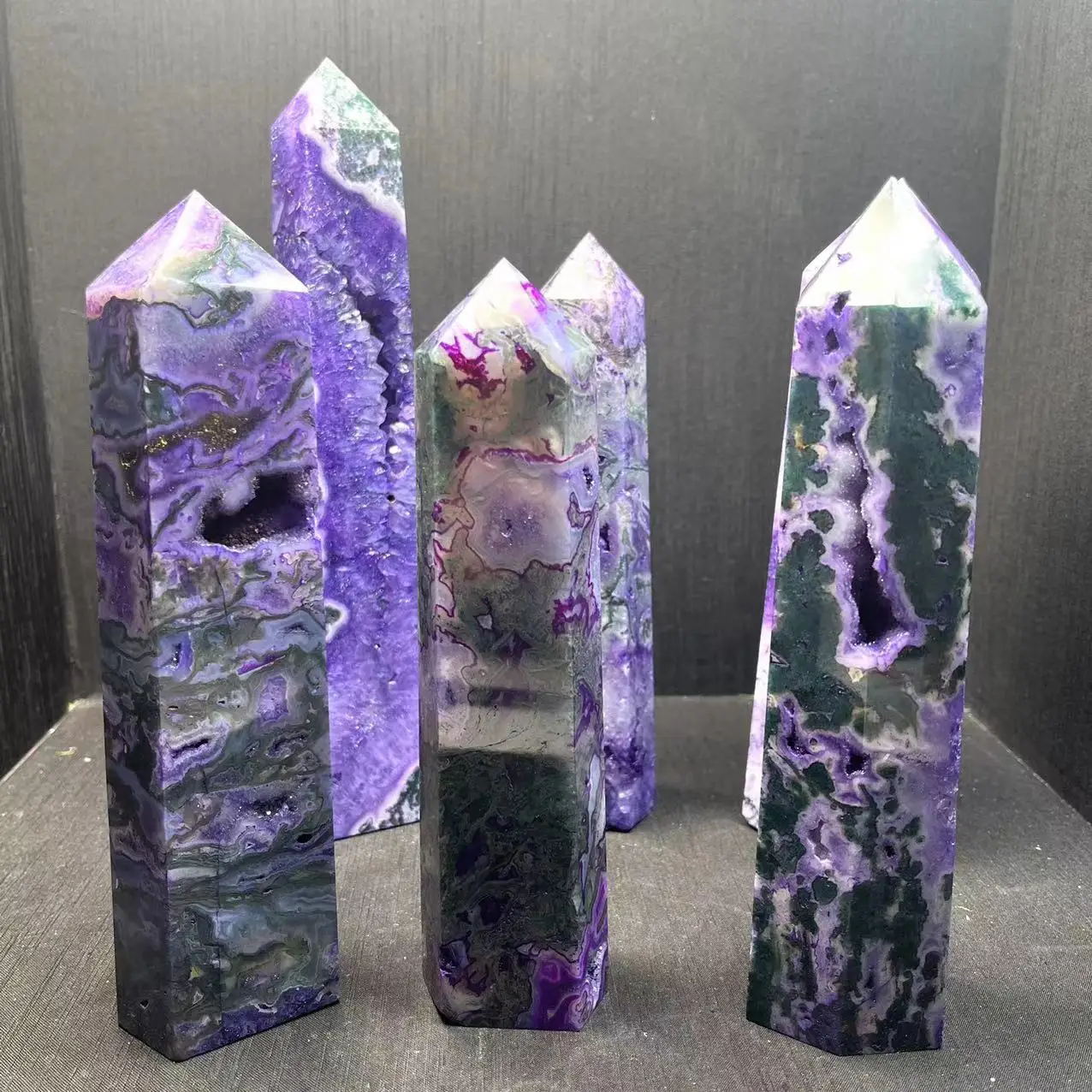 

Wholesale Healing Quartz Crystal Tower Purple Moss Agate Point For Decoration