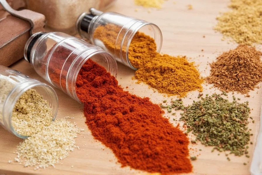 Different types of chili powder jars on a shelf