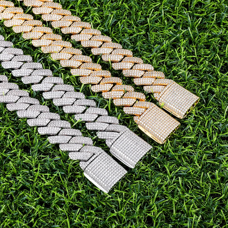 

2021 NEW  Prong Cuban Link Chain Hip Hop Jewelry Necklace Brass19mm 3 Rows Diamond Prong Cuban in White Gold Chain Necklace