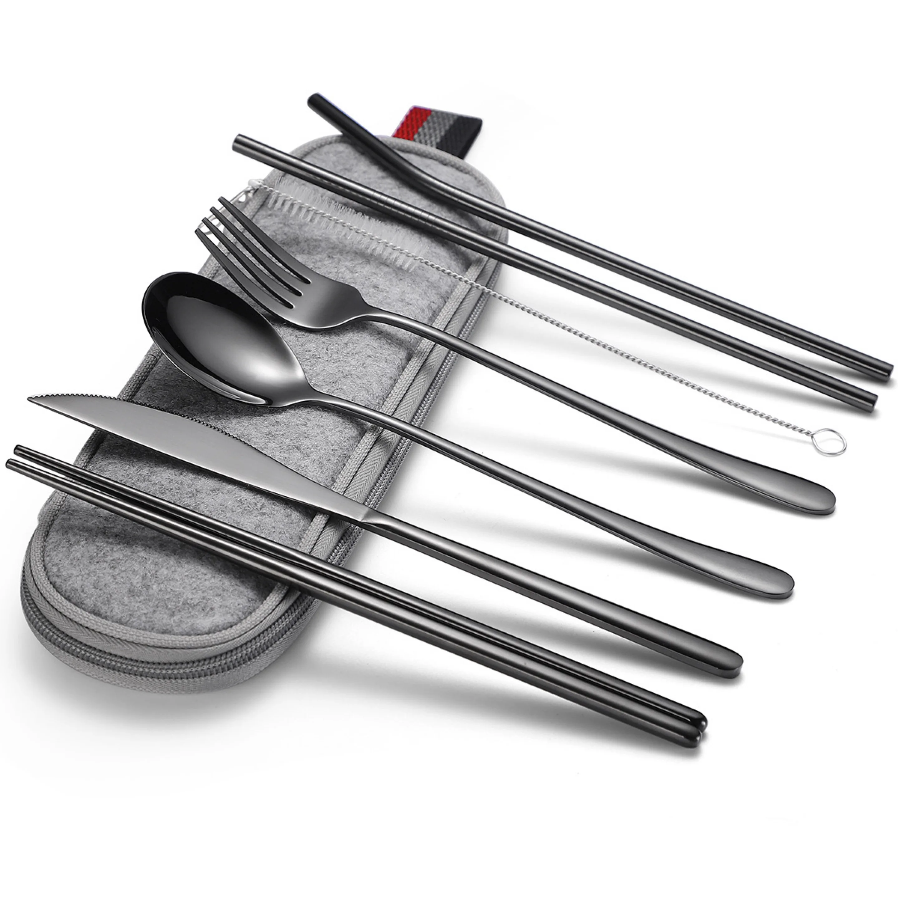 

304 Stainless steel portable utensils 8 pieces of travel camping set(including knife fork spoon chopstick cleaning brush straw), Silver/gold/rose gold/black/rainbow