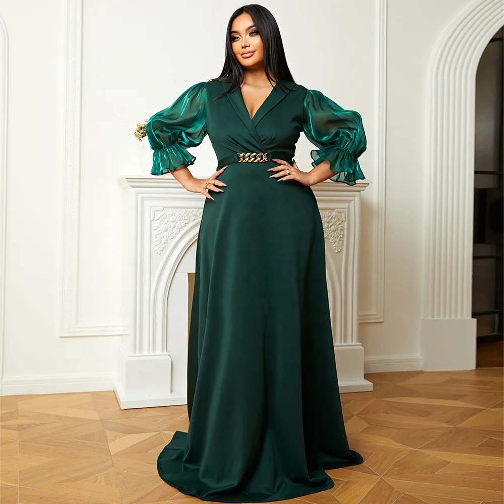 

Ladies Formal Party Gown V Neckline 3/4 Sleeves Solid Green Elegant Evening Dresses For Big Size Women