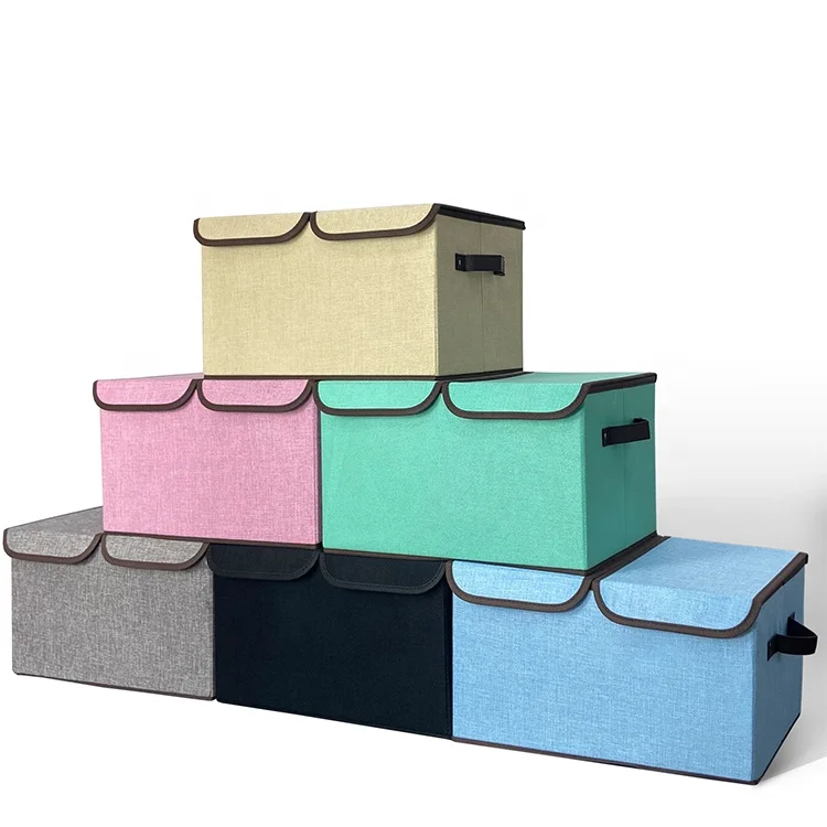 

High Quality Collapsible Leather Handle Linen Fabric Storage Boxes Bins with Lids, Pink