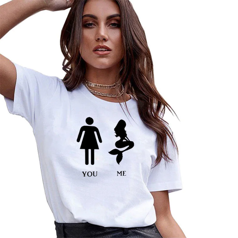 Funny Graphic Printing Mermaid And Women Tshirt Black White T-Shirt Casual Style Loose Tee Shirt Female 100% Cotton T-Shirt