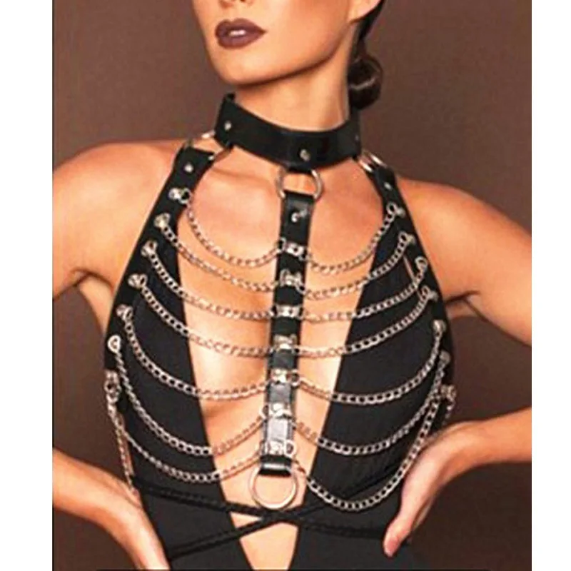 

Jachon Women Sexy Punk Halter Neck Chain Body Chain Top Bra Crossover Harness Body Jewelry Waist Belt Strap Clubwear, Picture