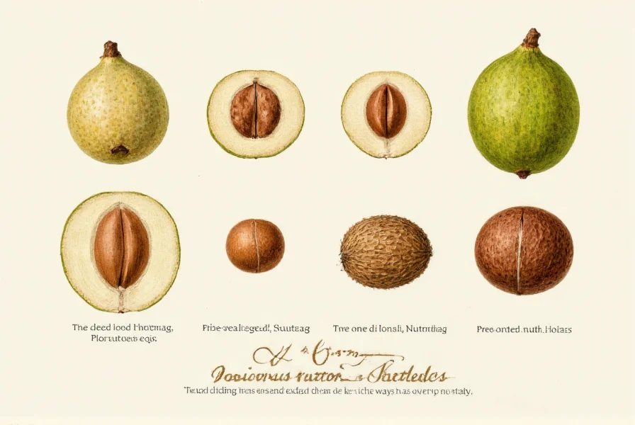 Botanical illustration showing nutmeg seed inside its fruit compared to various tree nuts