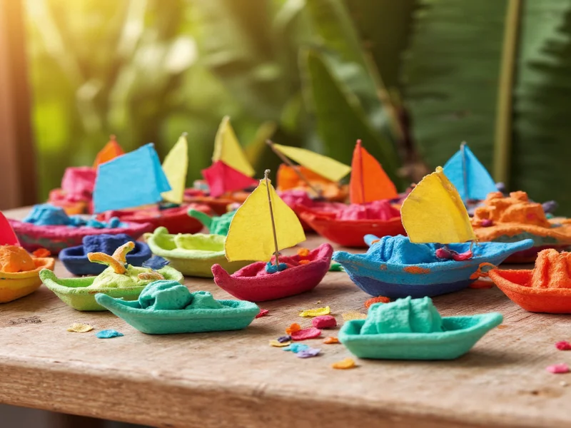 Colorful collection of beginner boat crafts on wooden table