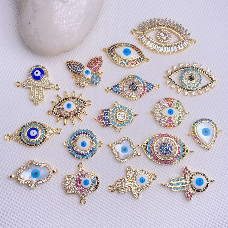 

wholesale 24K real gold plated cubic zirconia paved evil eyes chams connector for jewelry making, Mixed color