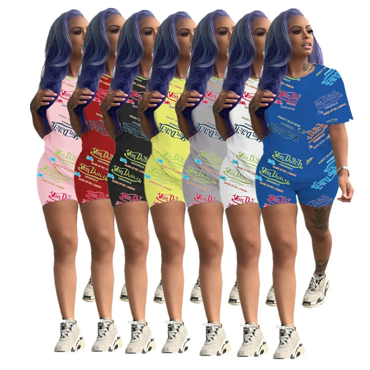 

Summer Sexy Fashion Printed Letters Cotton Short-Sleeved Shorts Suit, 3 colors