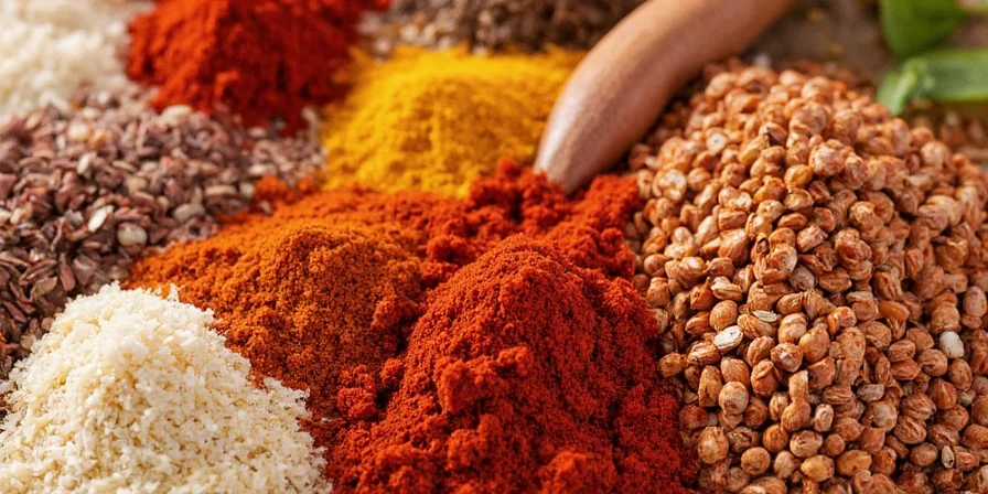An organized spice rack with chili ingredients in focus