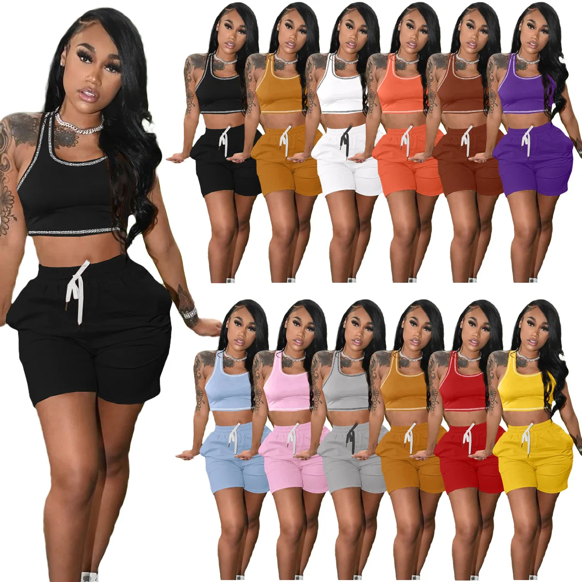 

2022 Newest Biker Shorts Set with pocket Solid Color casual vest two-piece summer women