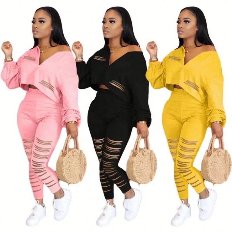 

VOOGUE Summer Casual Tracksuit For Women Two Piece Set With Ripped Holes Mature Womens Pants Sets, Picture