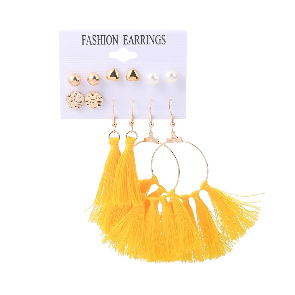 

Mgirlshe Europe and America Fashion Yellow Tassel Crystal Pearls Metal Earrings Sets Gold Heart Shaped Mini Earring Studs Girls