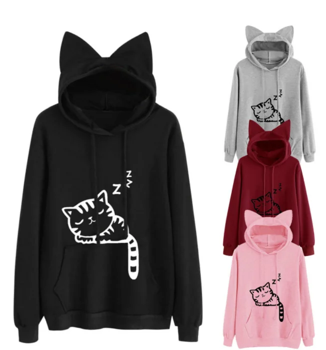 
Loose fleece printed cat animal print hooded sweatshirt 