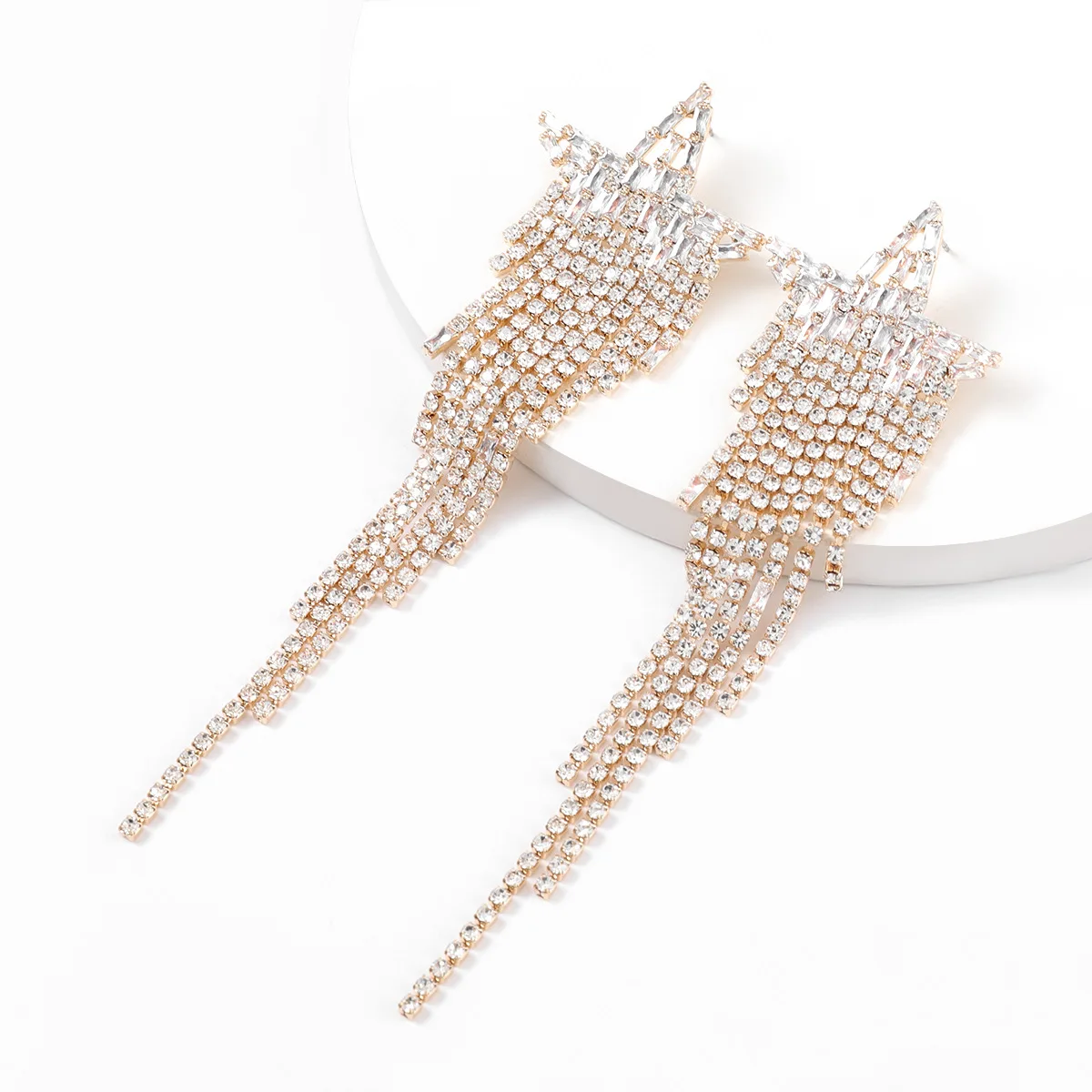 

Superflash alloy diamond five-pointed star tassel earrings European and American banquet earrings, Gold