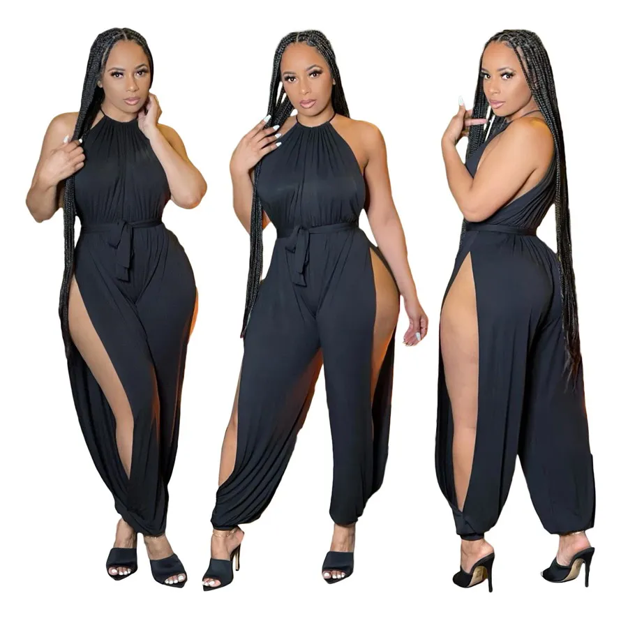 

Foma BN149 summer 2021 black halter long pants club women sexy side split one piece jumpsuits with belt, 1 color
