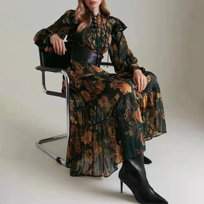 

Vestido De Gasa Women'S Maxi Dress 2021 Ruffle Long Sleeve Drawstring Vintage Maxi Luxury Chiffon Kaftan Dresses For Women