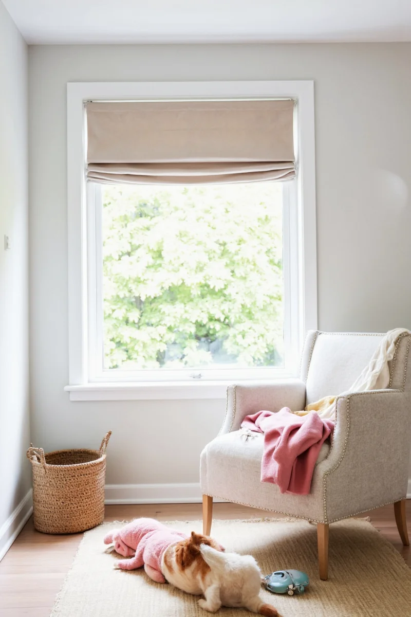 Faux wood blinds installed in a sunlit kitchen with kid-height counters