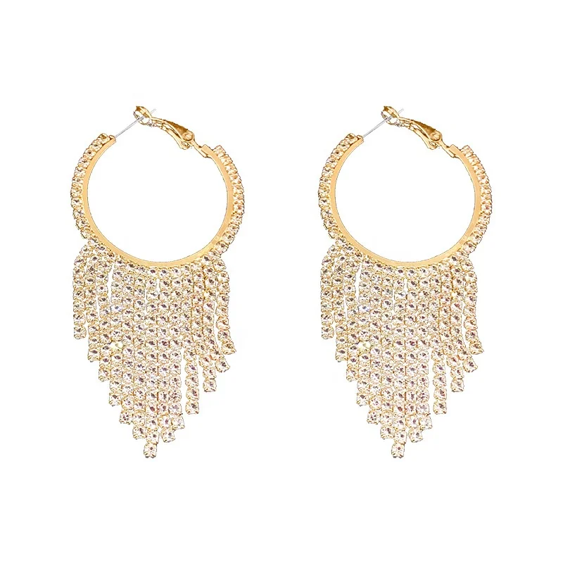 

Fashion Rhinestone Tassel Drop Earrings for Women Gold silver color Round Dangle Earrings Female Party Wedding Jewelry, Picture shows