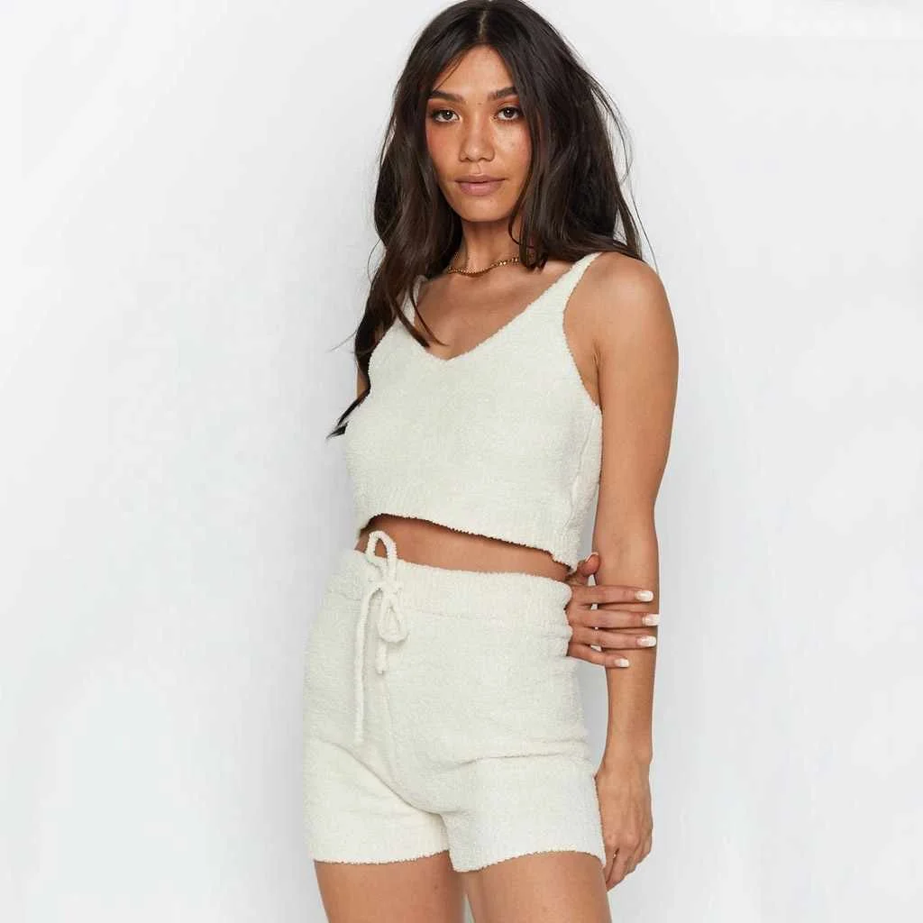

girl's sleeveless cozy fuzzy knit crop top pants 2 piece pajamas women lounge wear two pieces sleepwear sets