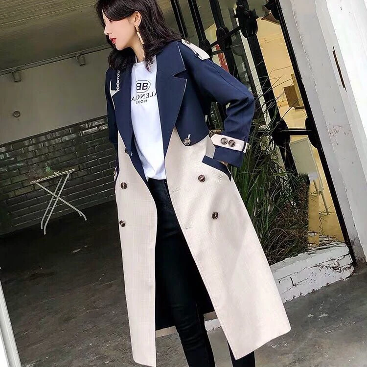 

New 2021 Vintage Black Patchwork Women Long Trench Coats Fall Outerwear Custom Overcoats For Women