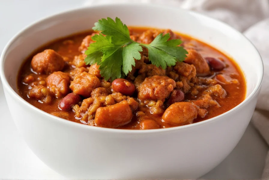 High protein chili in white bowl with fresh cilantro garnish, showing thick texture with visible beans and lean ground turkey pieces