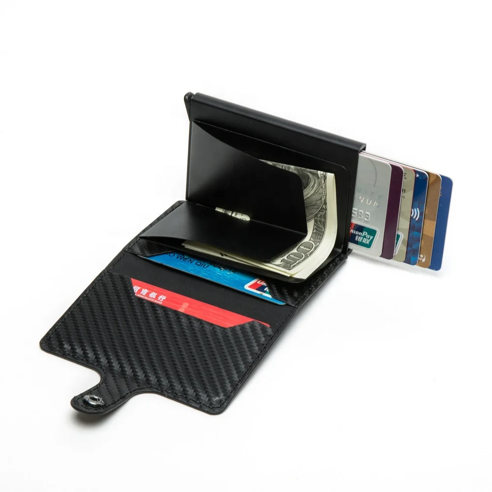 

China wholesaler high quality RFID PU carbon fiber slim credit cards holder metal wallet cardholder, Red, blue, black, brown, grey