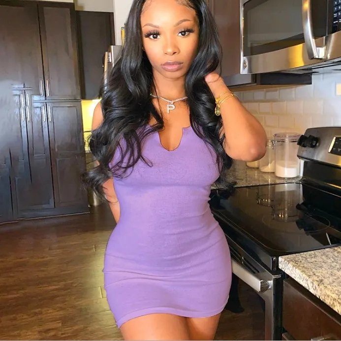 

A00666D Factory Outlet Cotton Sleeveless V-neck Women Solid White Skinny Dress Mini Dresses, Black