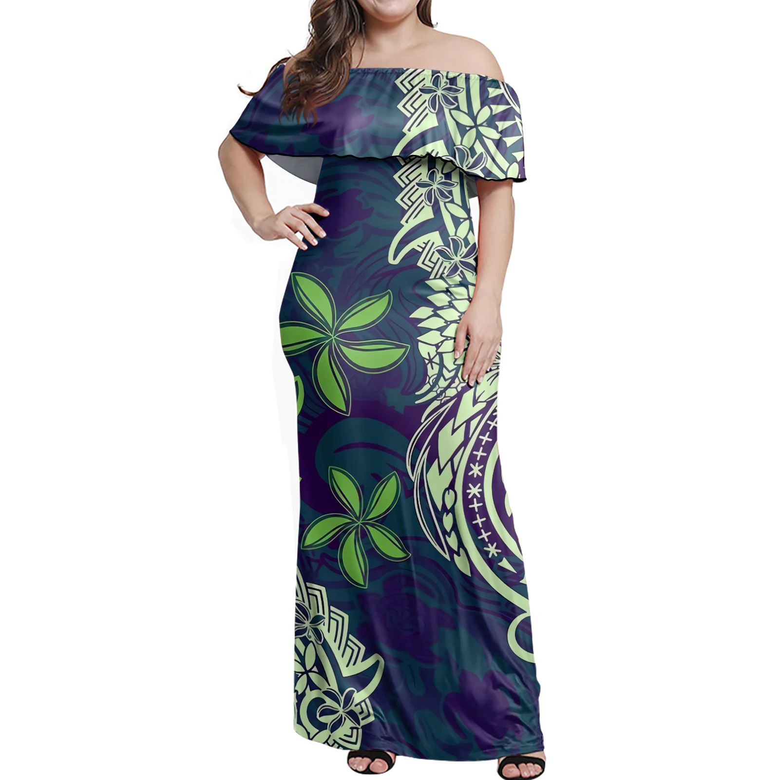 

2021 summer Casual Ruffle off shoulder dresses Polynesian Tribal green plumeria HD Print Long Dresses Women Party Sexy Dresses, Customized color