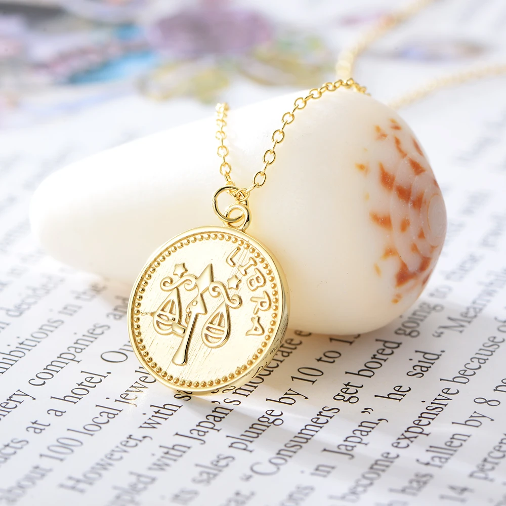 

High Quality 925 Sterling Silver Jewelry Libra Gold Plated Zodiac Sign 12 Horoscope Pendant Necklace For Women Lady Gift, Picture