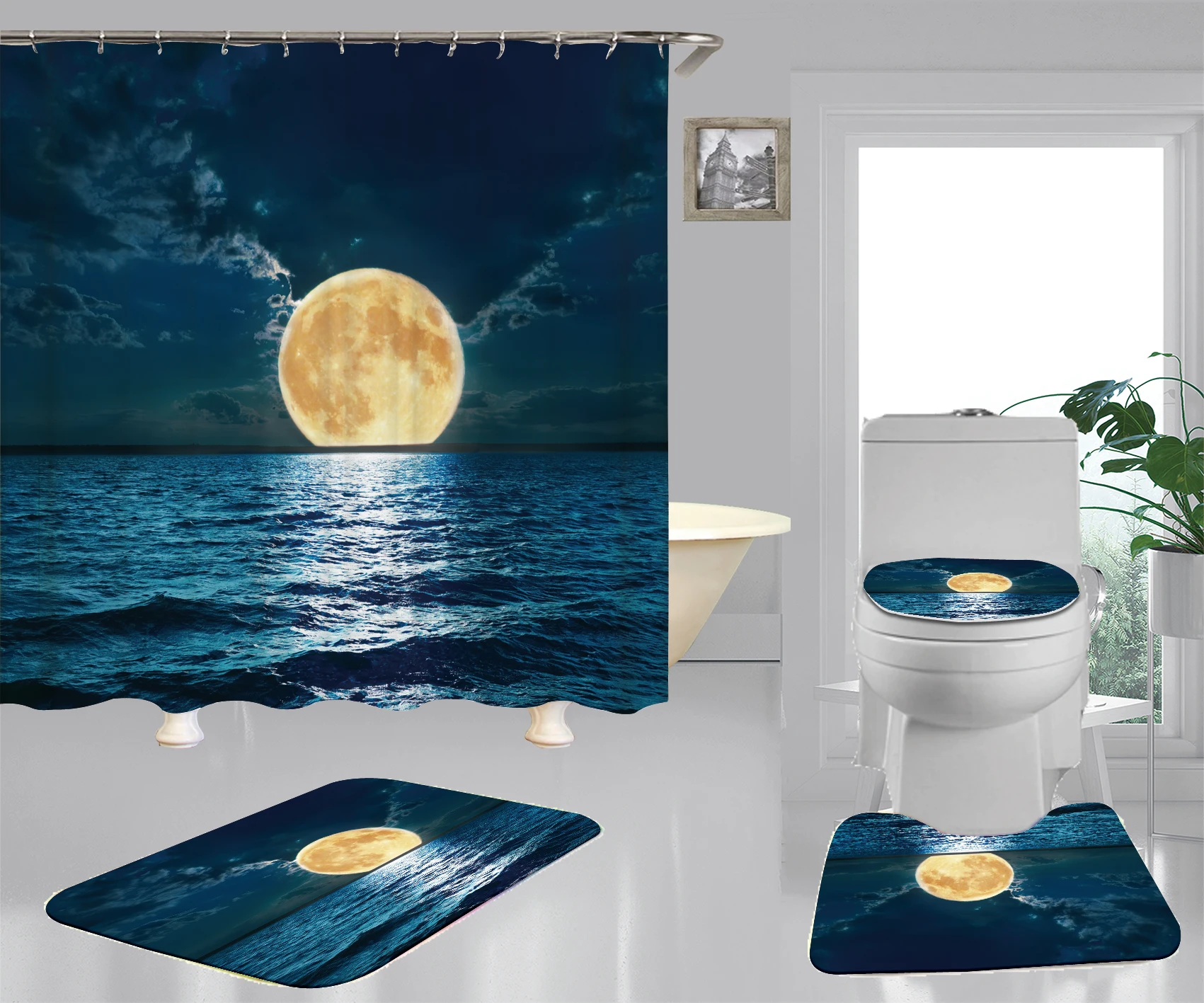 

Night Round Moon Sky Dreamlike Bathroom Shower Curtain Prints Suction Carpet Sets