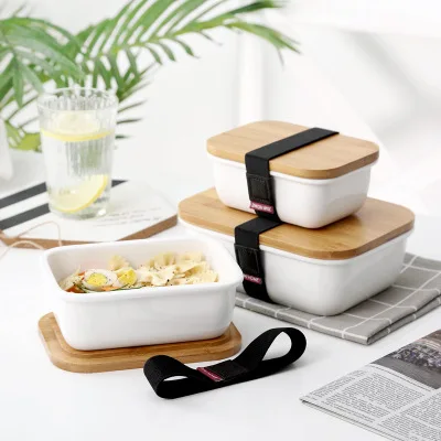 

Factory Hot Sale Microwave And Freezer Safe lunch Boxes Ceramic Wood Lunch Box With Bamboo Lid, White