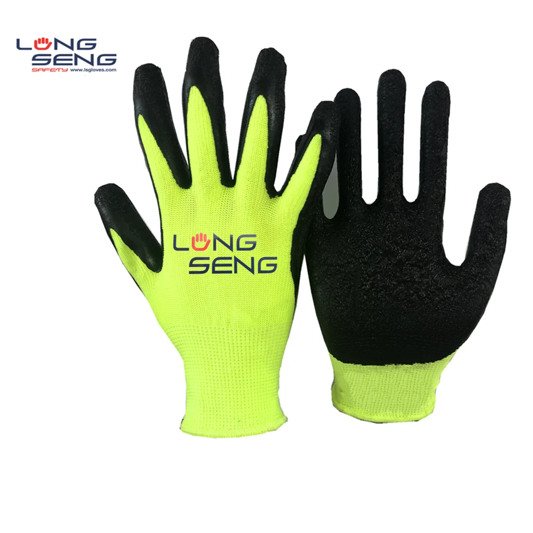 

13 G fluorescent yellow polyester palm coated crinkle black latex gloves, Customizable/optional