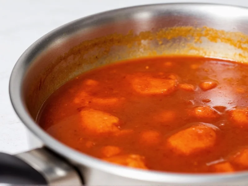 Simmering homemade wing sauce in stainless steel pan