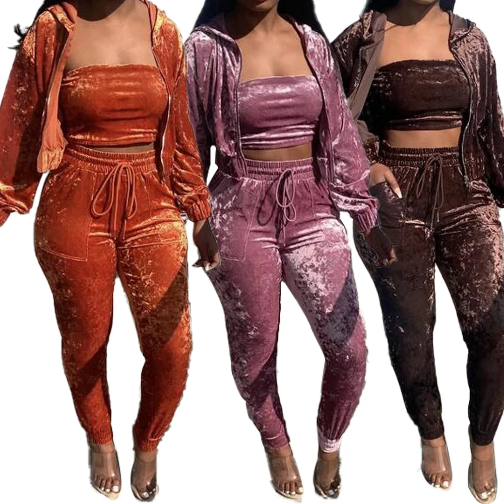 

Fall Fashion Velvet Women 3 Piece Sets Jogger Set With Hood 2 piece set clothes plus size clothing fall 2021 women