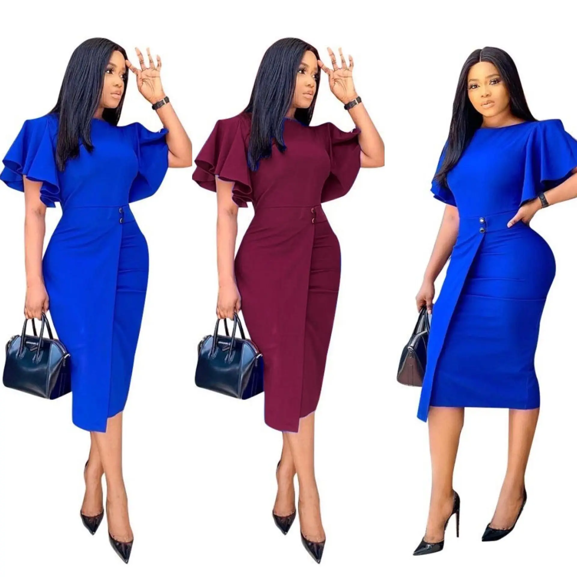 

Women's knee-length dress in solid color slim o-neck short sleeve office dress