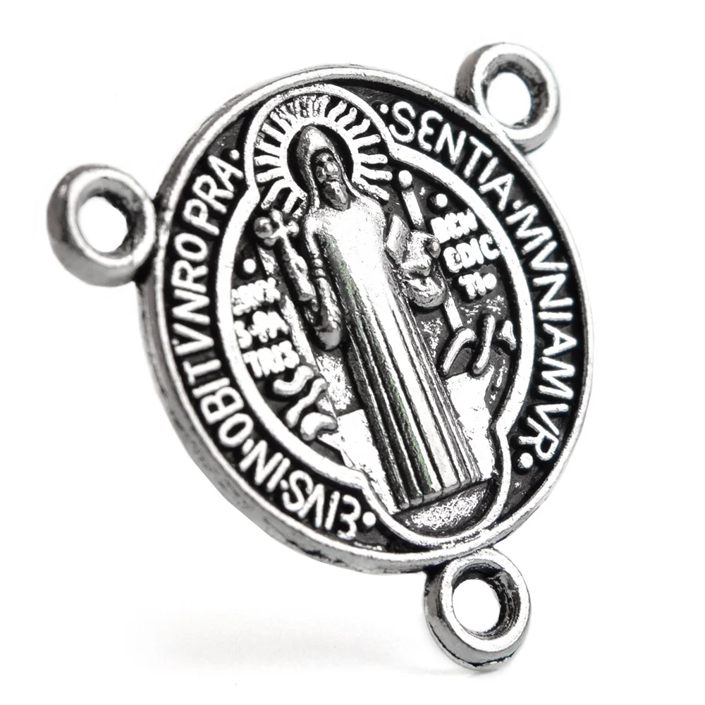 

Saint Benedict  Centerpiece Metal Charm Medal Antique Silver Rosary Pendant