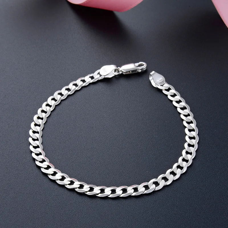 

New Fashion Jewelry 5mm 6mm 7mm Width 925 Sterling Silver Bracelet Cuban Link Chain Bangle Bracelet For Men And Women, As picture