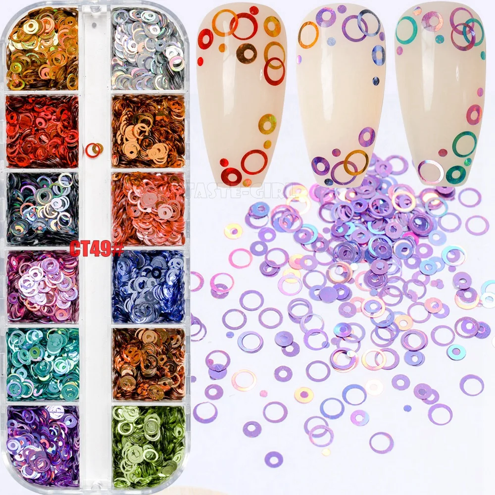 

12 Grids/Box Mix Sizes Dreamlike Rainbow Round Holo Circle Glitter Paillette Nail Art Slice Sequins Decals Set