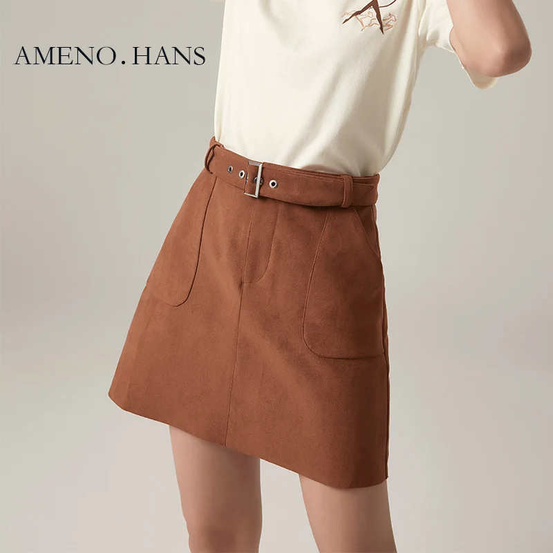 

2021 New design high waist belt suede leather skirt female girl skirts brown