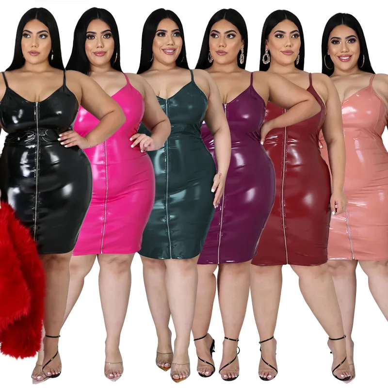 

Women Sexy Plus Size Summer Clothing Sleeveless Strap Knee Length PU Leather Bodycon Mini Dress Women's Club Dresses For Ladies, Black,pink,green,purple,wine red,rose red