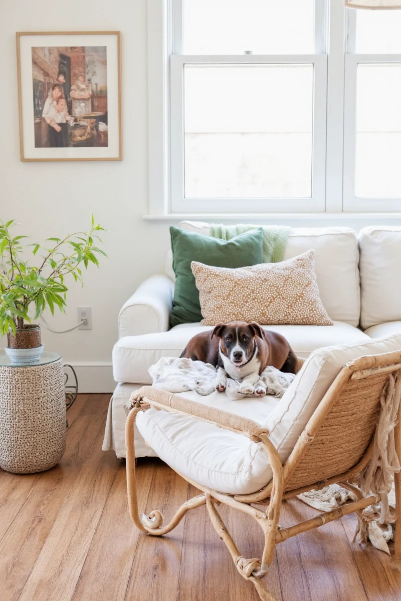 A modern living room with a dog bed tucked under the sofa, washable rugs, and stylish storage baskets for toys.