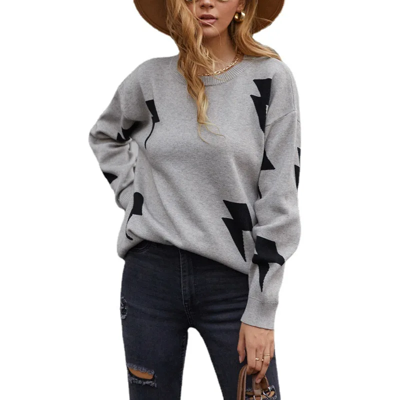 

2021 autumn new casual sweater women's fashion printed loose o neck sweater