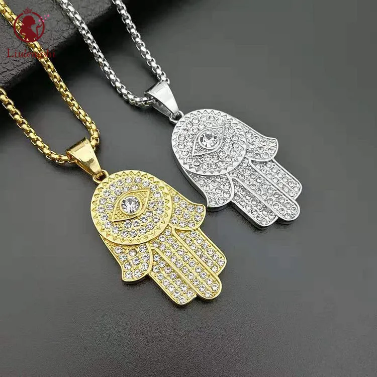 

Hips Hops Rapper Jewelry Stainless Steel Evil Eyes Necklace Micro Pave Crystal Zircon Hamsa Hand Demon Eyes Necklace