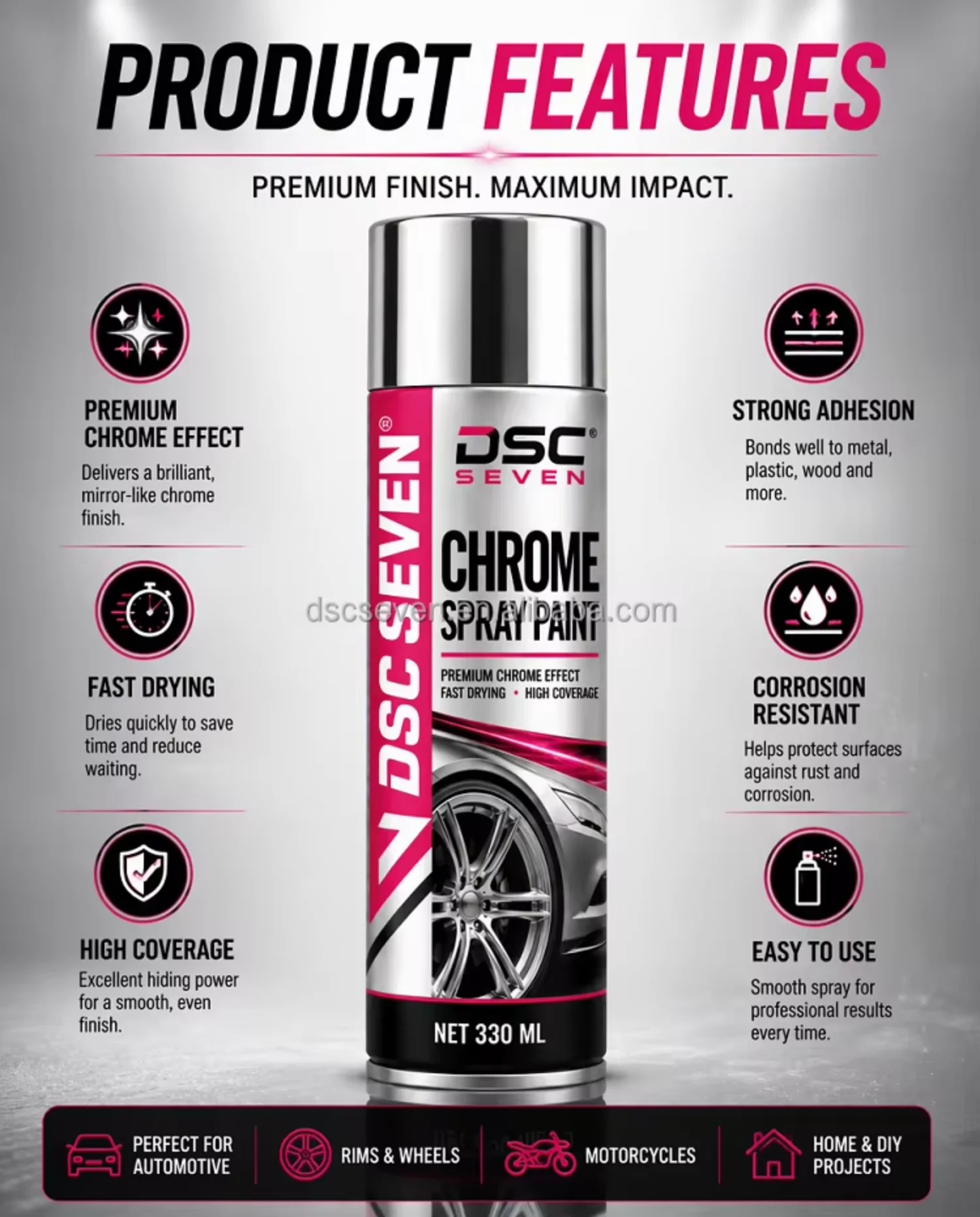 DSC SEVEN Chrome Effect Aerosol Paint 330ml 350ml High-Coverage Silver Metallic Spray Paint DSC SEVEN Chrome Effect Aerosol Paint 330ml 350ml High-Coverage Silver Metallic Spray Paint