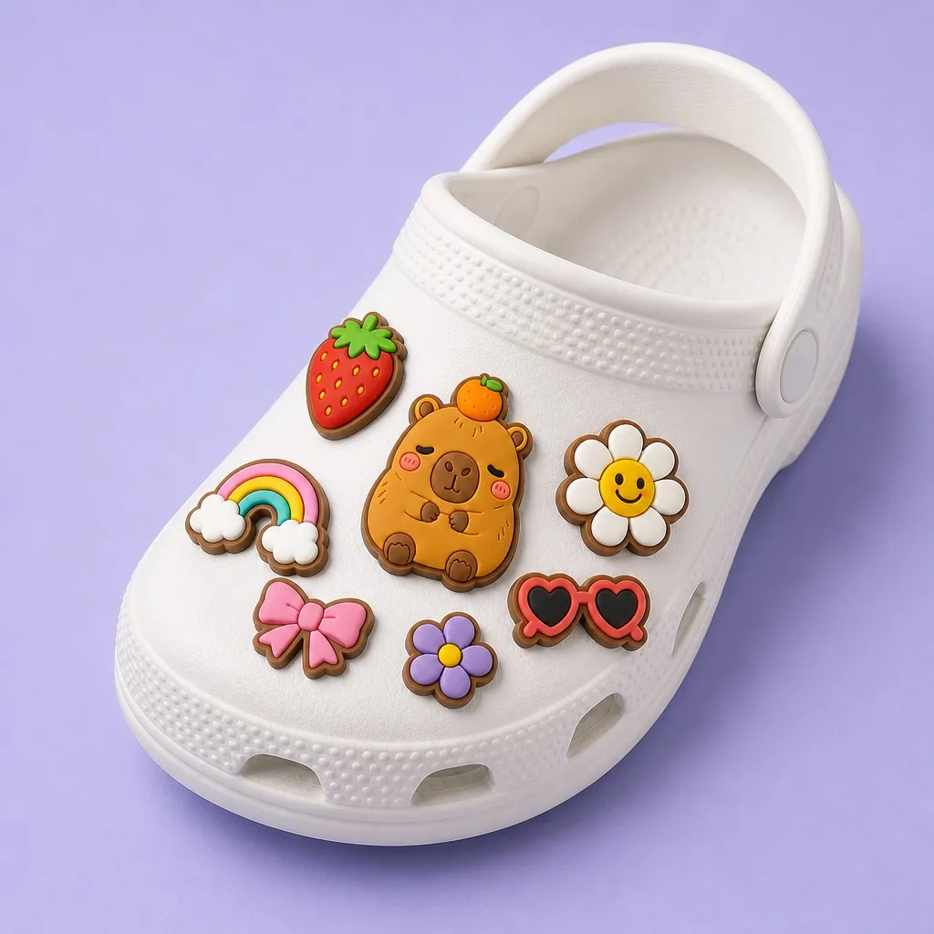 Custom PVC clog shoe charms fitted onto a single white foam clog
